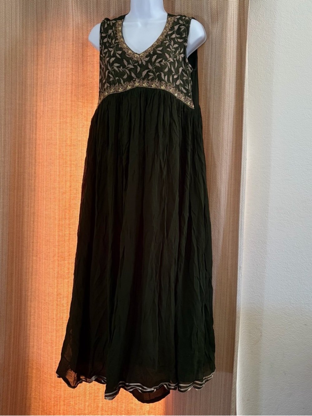 JR size XL Olive Green beaded Maxi Dress with Gold Embroidery silk flowy